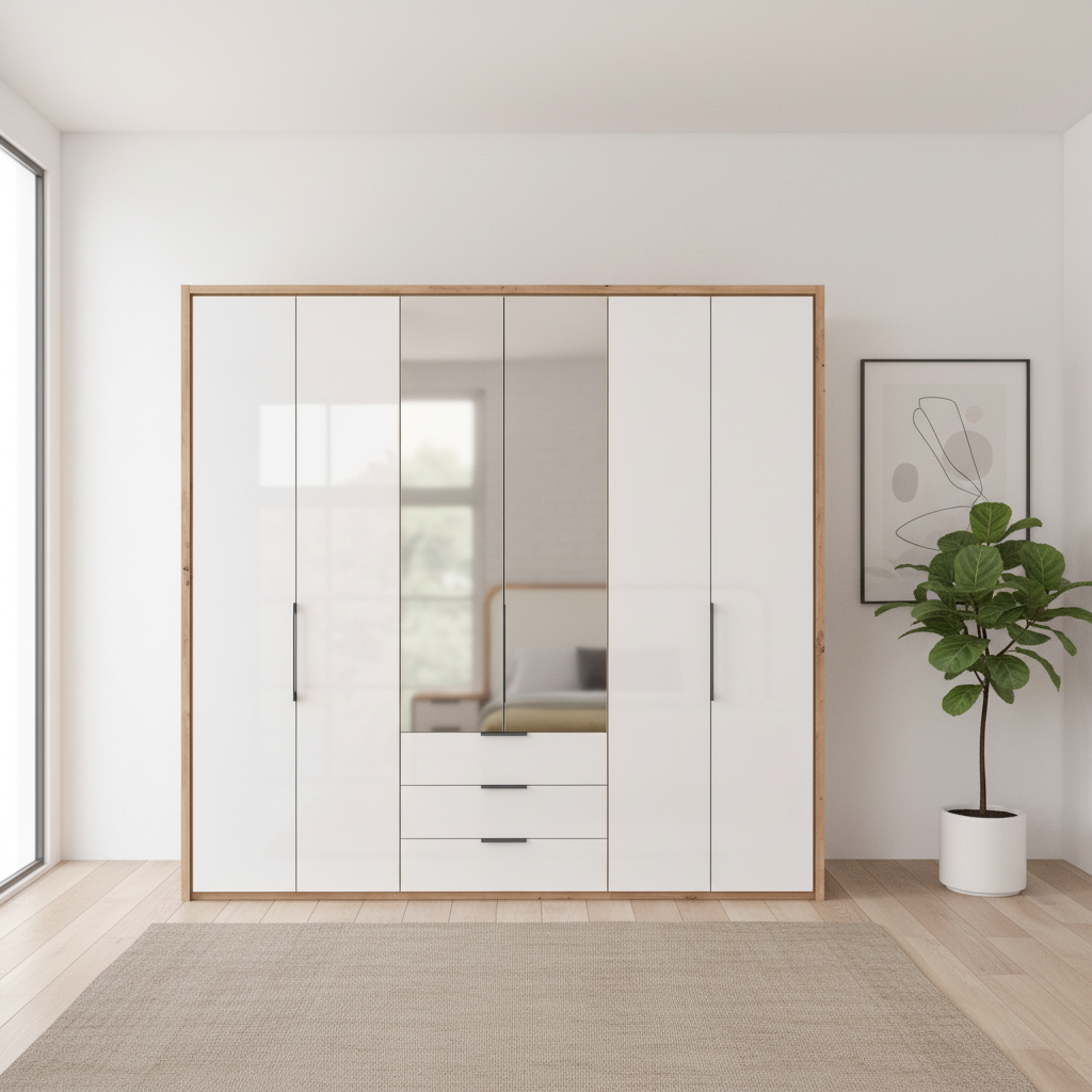 White Oak Wiemann Saka wardrobe with mirrored centre doors and drawer storage