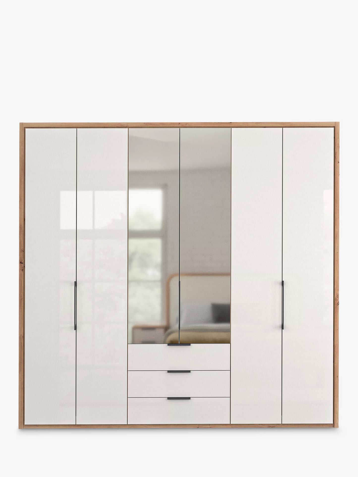 Wiemann Saka 225cm Bi-Fold Wardrobe With 4 Glass Doors & 2 Mirror Doors & 3 Glass Drawer