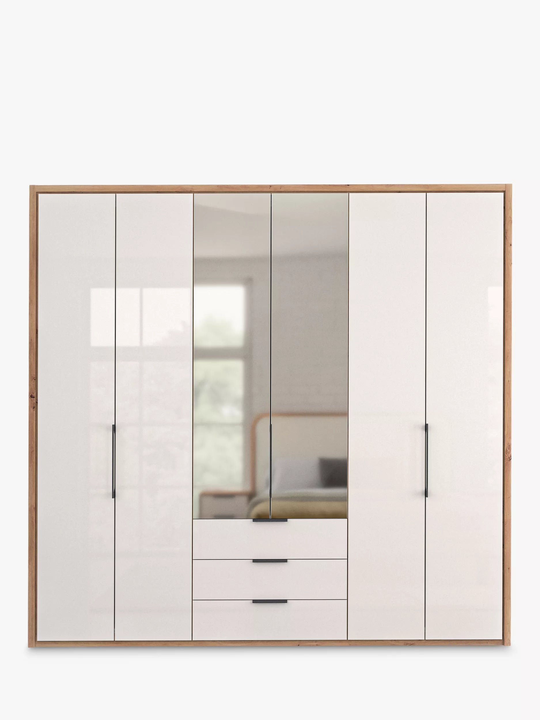 Wiemann Saka 225cm Bi-Fold Wardrobe With 4 Glass Doors & 2 Mirror Doors & 3 Glass Drawer