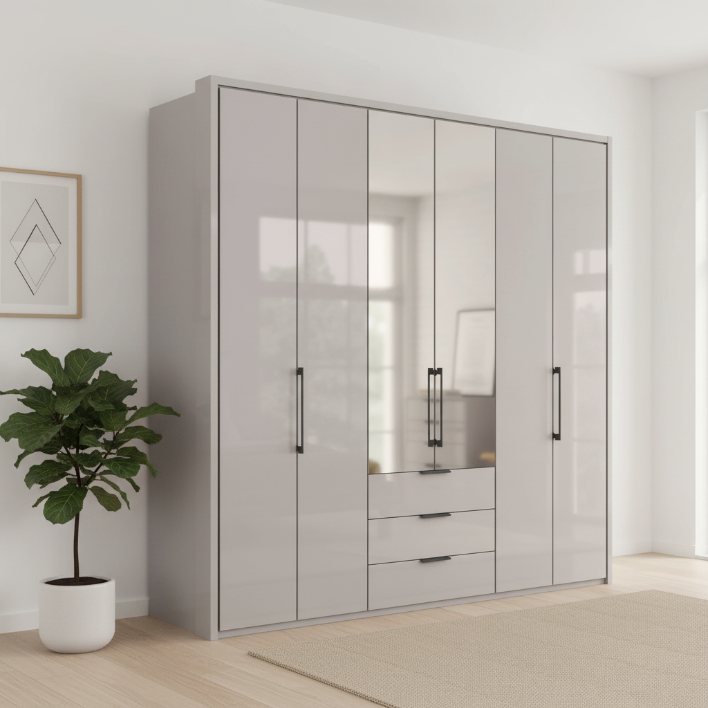 Wiemann Saka 225cm Bi-Fold Wardrobe With 4 Glass Doors & 2 Mirror Doors & 3 Glass Drawer in Glass Pebble grey styled in a modern room