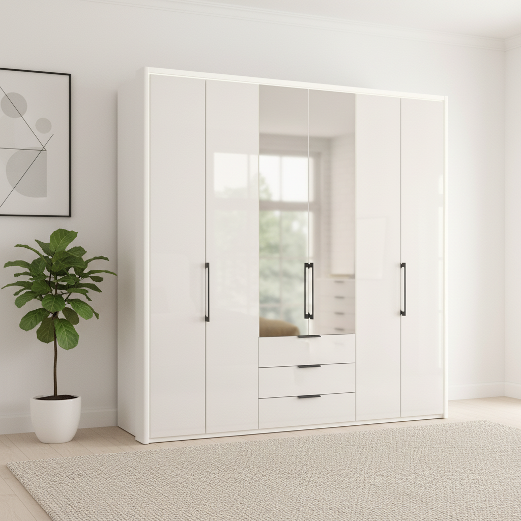 Wiemann Saka 225cm Bi-Fold Wardrobe With 4 Glass Doors & 2 Mirror Doors & 3 Glass Drawer in Glass white styled in a modern room