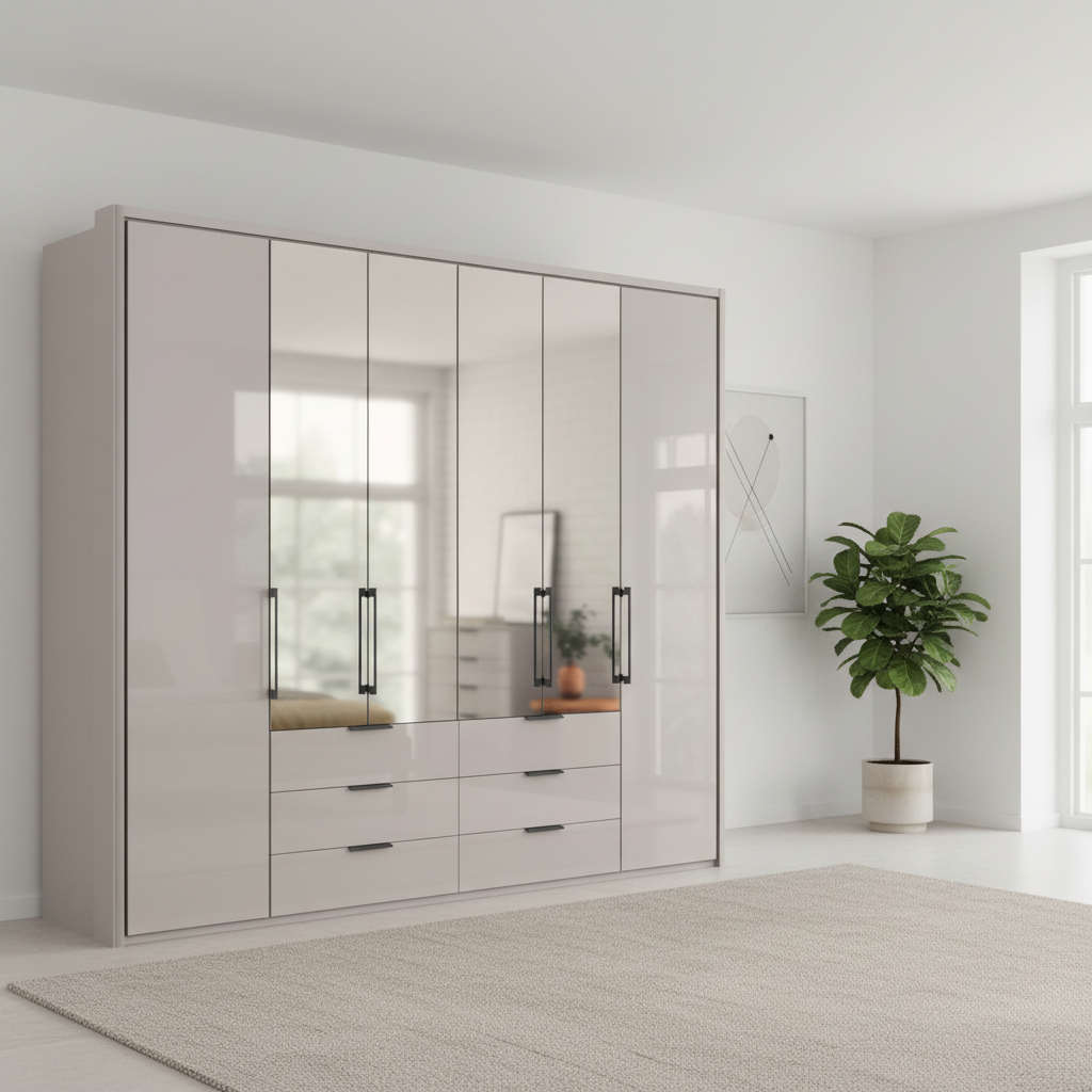 Wiemann Saka 250cm Bi-Fold Wardrobe With 2 Glass Doors & 4 Mirror Doors & 6 Glass Drawers in Glass Pebble Grey styled in a modern room