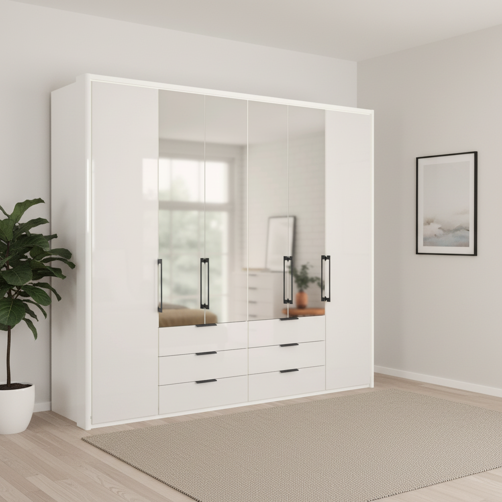 Wiemann Saka 250cm Bi-Fold Wardrobe With 2 Glass Doors & 4 Mirror Doors & 6 Glass Drawers in Glass White styled in a modern room