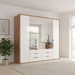 Wiemann Saka 250cm bi-fold wardrobe with 2 glass doors 4 mirror doors and 6 glass drawers