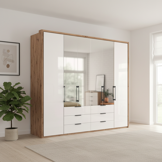 Wiemann Saka 250cm bi-fold wardrobe with 2 glass doors 4 mirror doors and 6 glass drawers