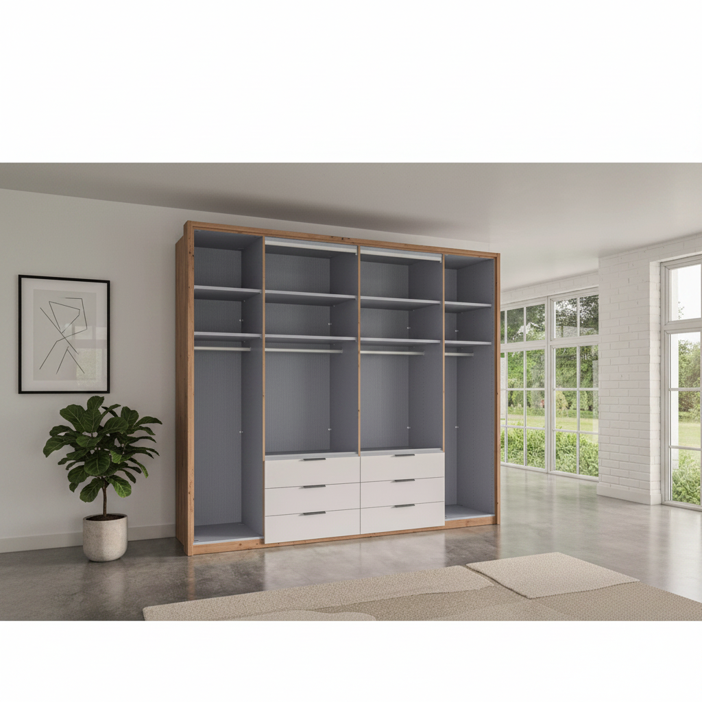 German-made Wiemann wardrobe with adjustable shelving hanging rails and drawer storage
