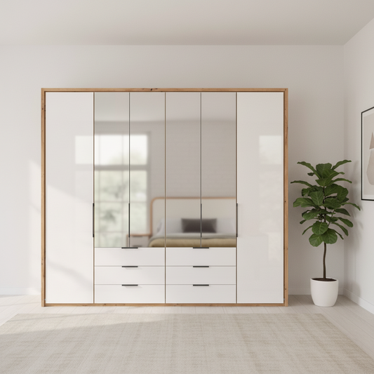 White Oak Wiemann Saka wardrobe with mirrored centre doors and six glass drawers