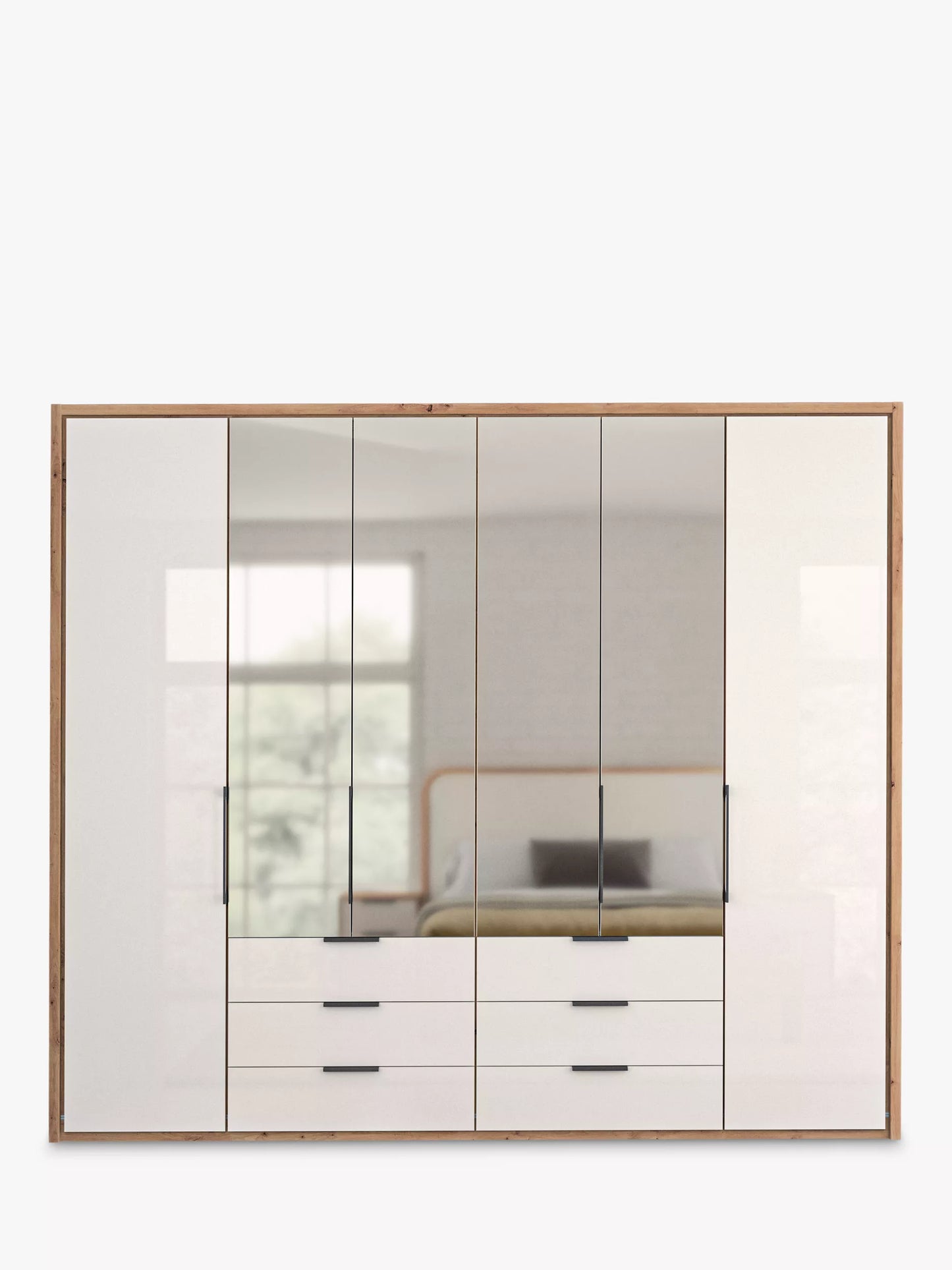 Wiemann Saka 250cm Bi-Fold Wardrobe With 2 Glass Doors & 4 Mirror Doors & 6 Glass Drawers
