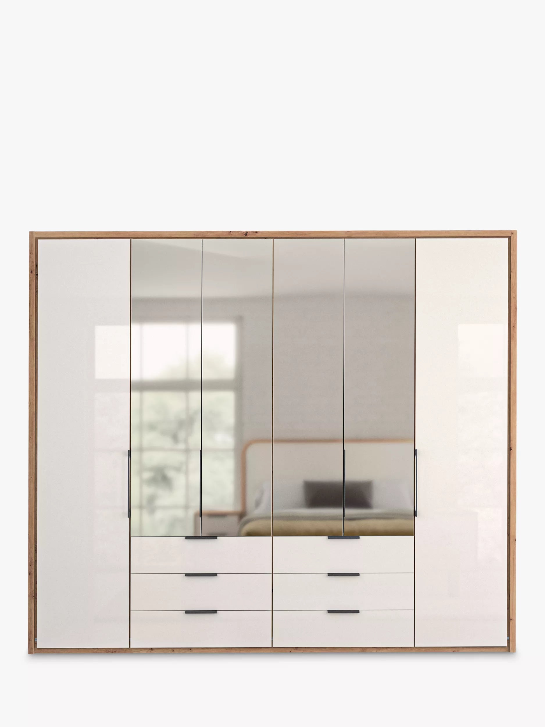 Wiemann Saka 250cm Bi-Fold Wardrobe With 2 Glass Doors & 4 Mirror Doors & 6 Glass Drawers