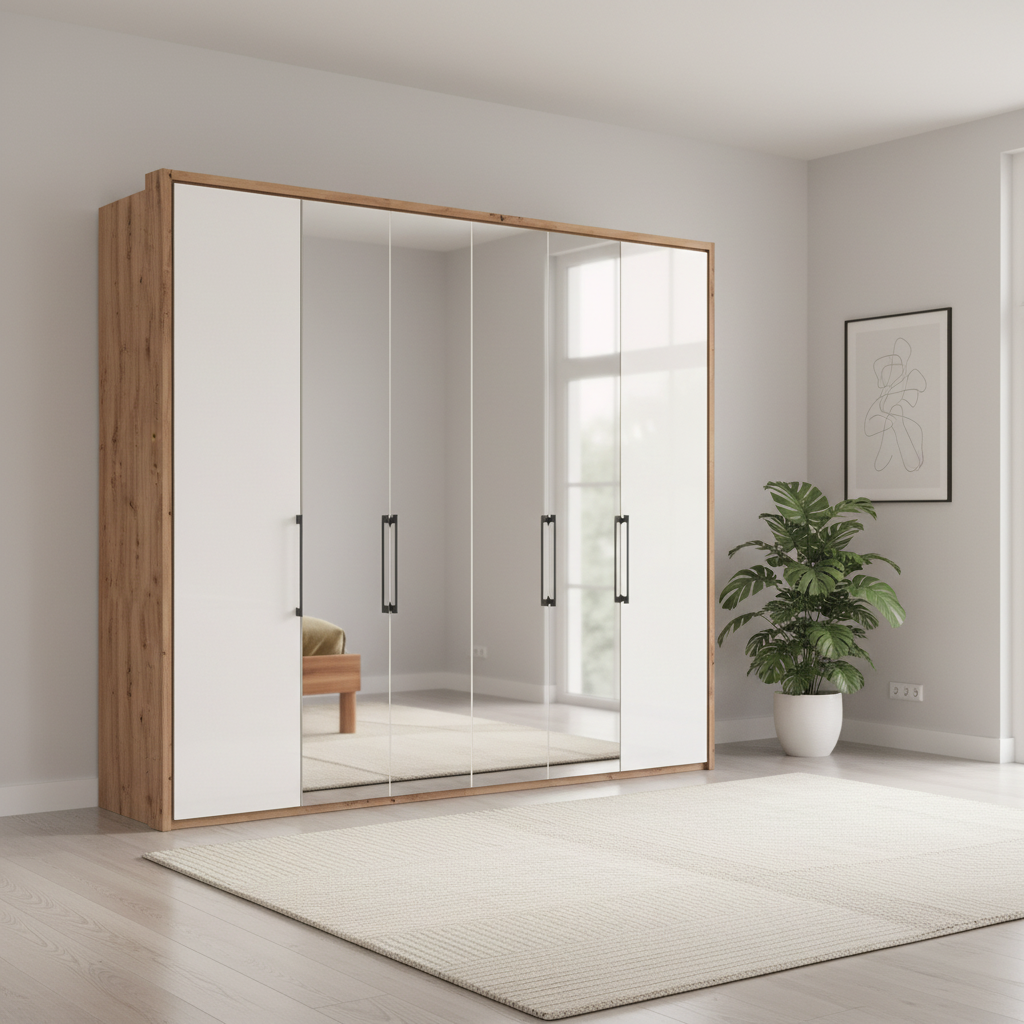 Wiemann Saka 250cm bi-fold wardrobe with 2 glass doors and 4 mirror doors