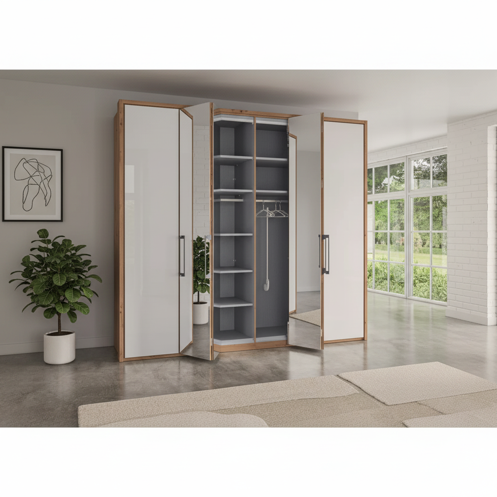 Contemporary Saka bi-fold wardrobe with glass and mirror door design