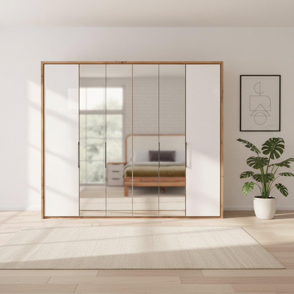 White Oak Wiemann Saka wardrobe with mirrored centre panels