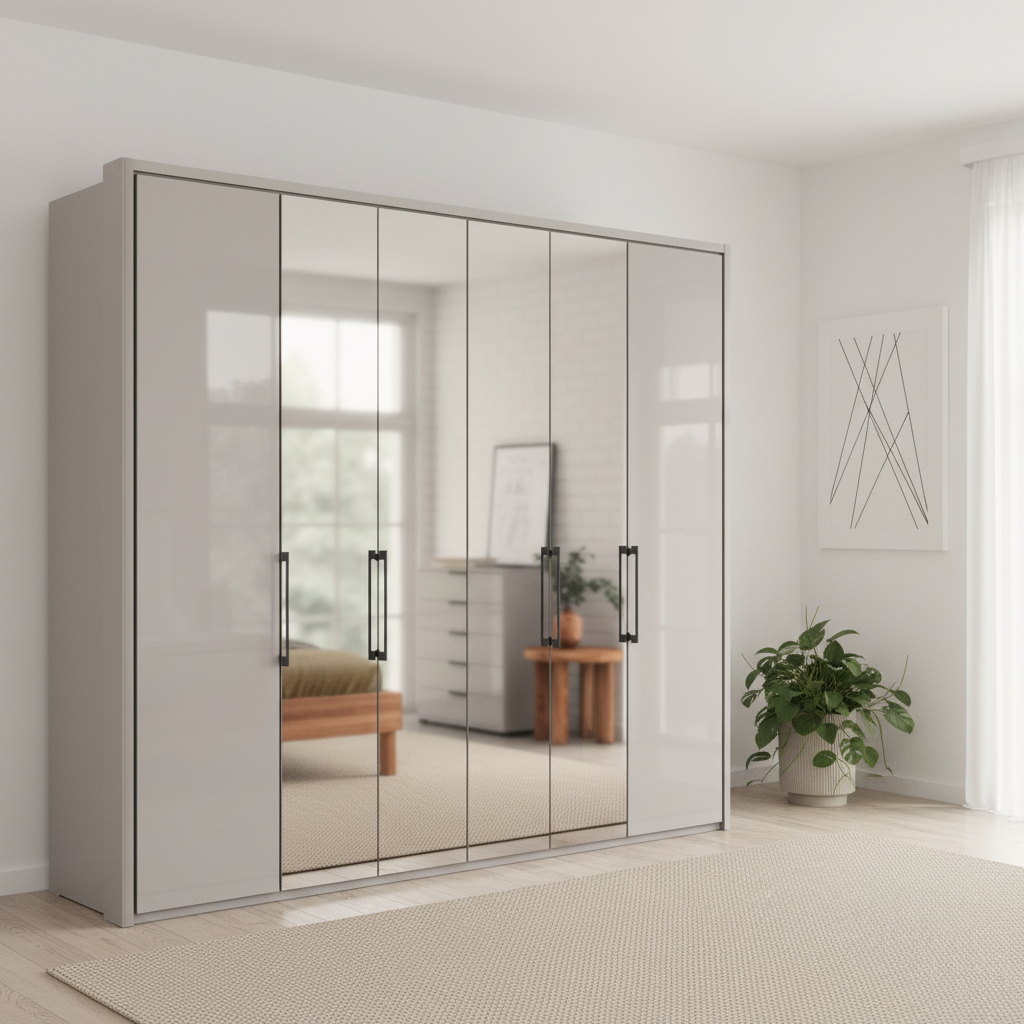 Wiemann Saka 250cm Bi-Fold Wardrobe With 2 Glass Doors & 4 Mirror Doors in Pebble Grey styled in a modern bedroom