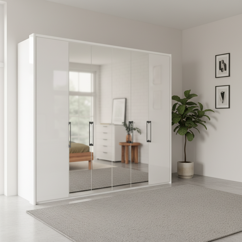 Wiemann Saka 250cm Bi-Fold Wardrobe With 2 Glass Doors & 4 Mirror Doors in White styled in a beautiful room