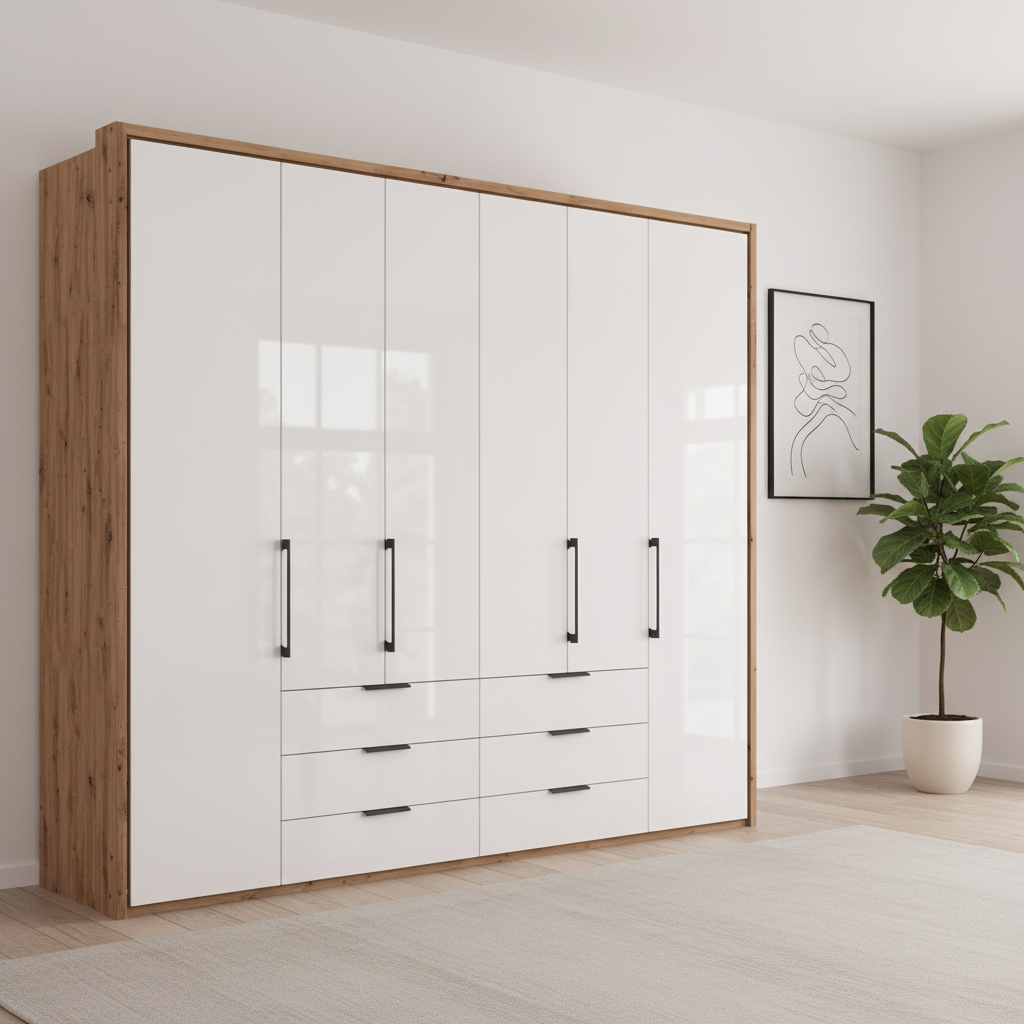 Wiemann Saka 250cm bi-fold wardrobe with 6 glass doors and 6 glass drawers