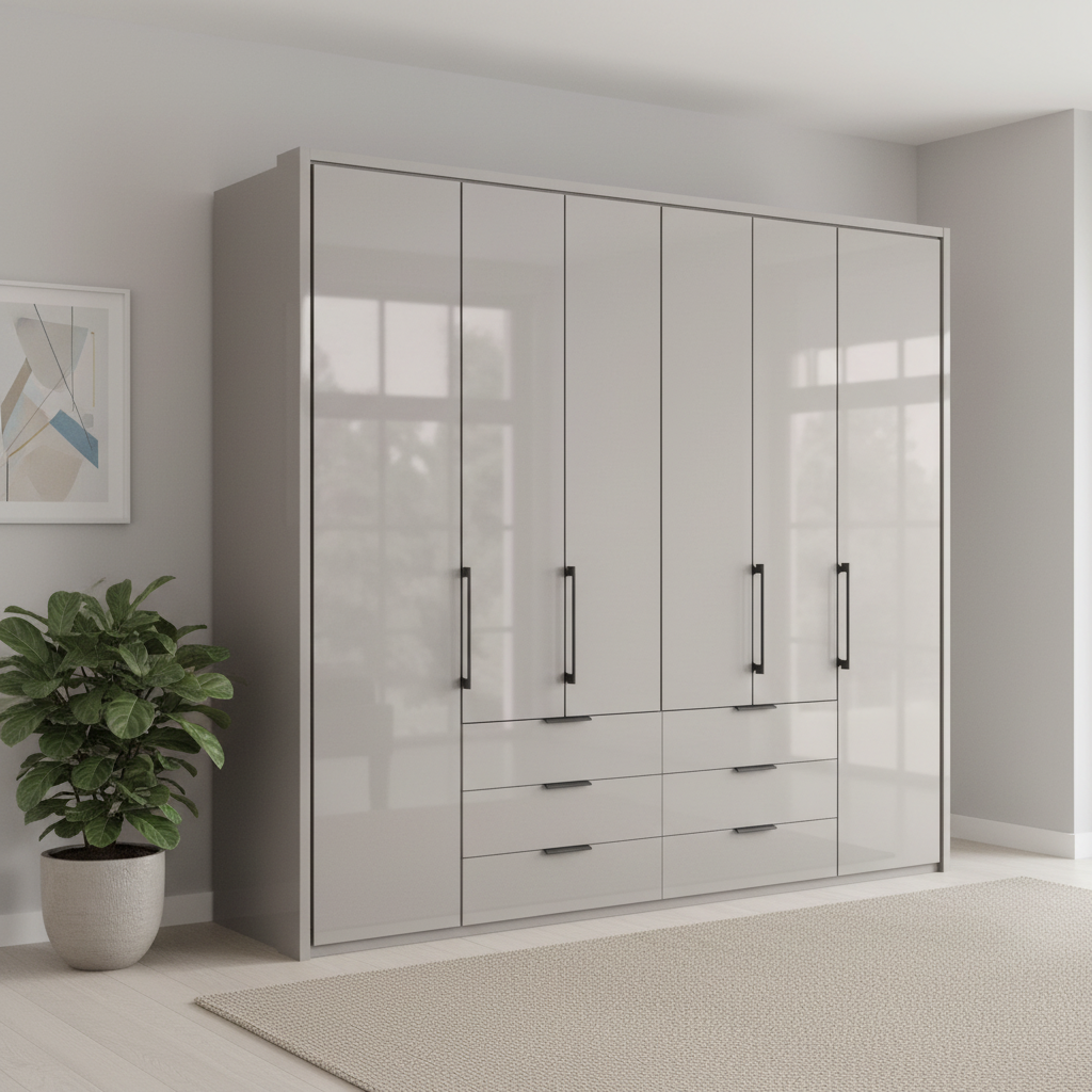 Wiemann Saka 250cm Bi-Fold Wardrobe With 6 Glass Doors & 6 Glass Drawers with Pebble Grey Carcase
