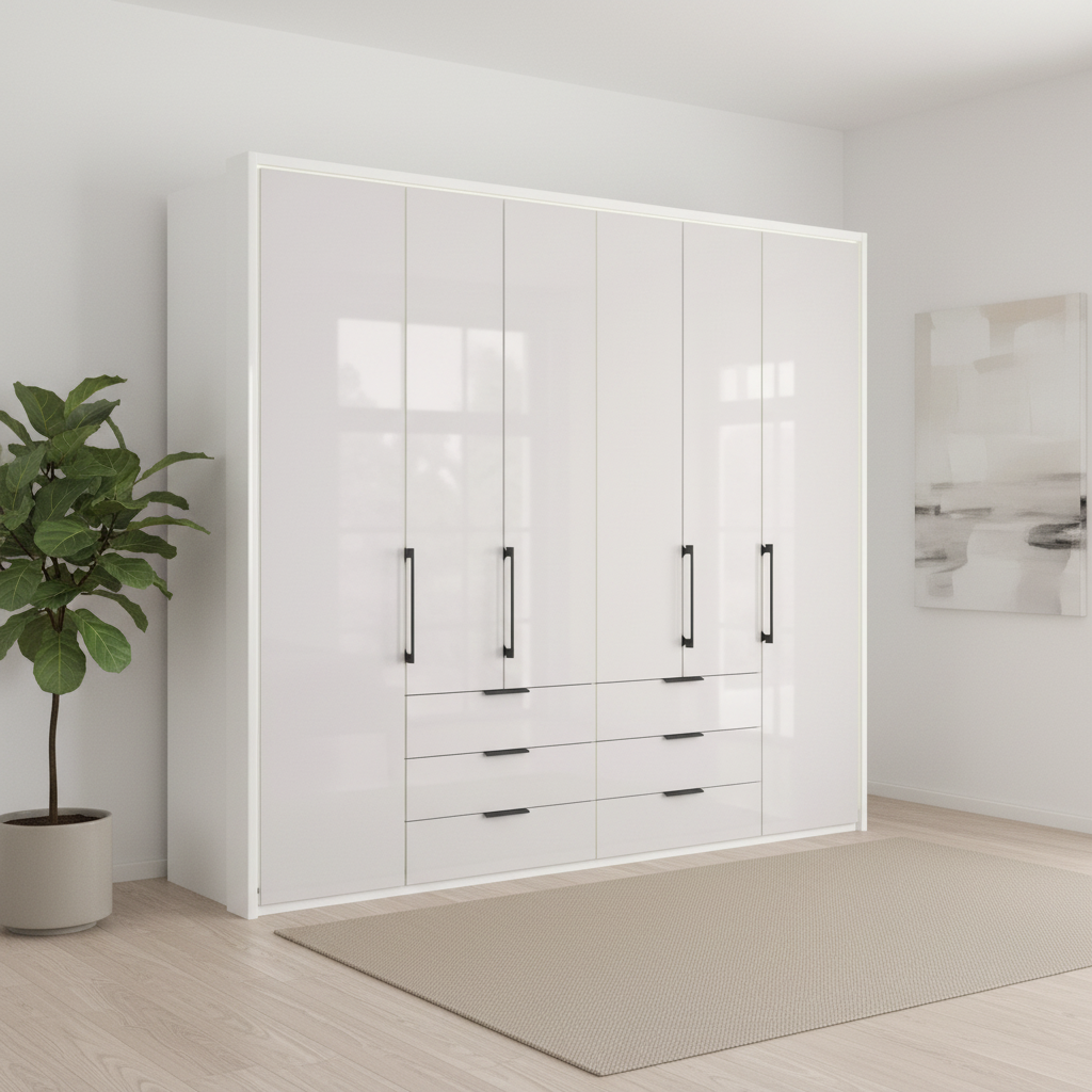 Wiemann Saka 250cm Bi-Fold Wardrobe With 6 Glass Doors & 6 Glass Drawers with White Carcase