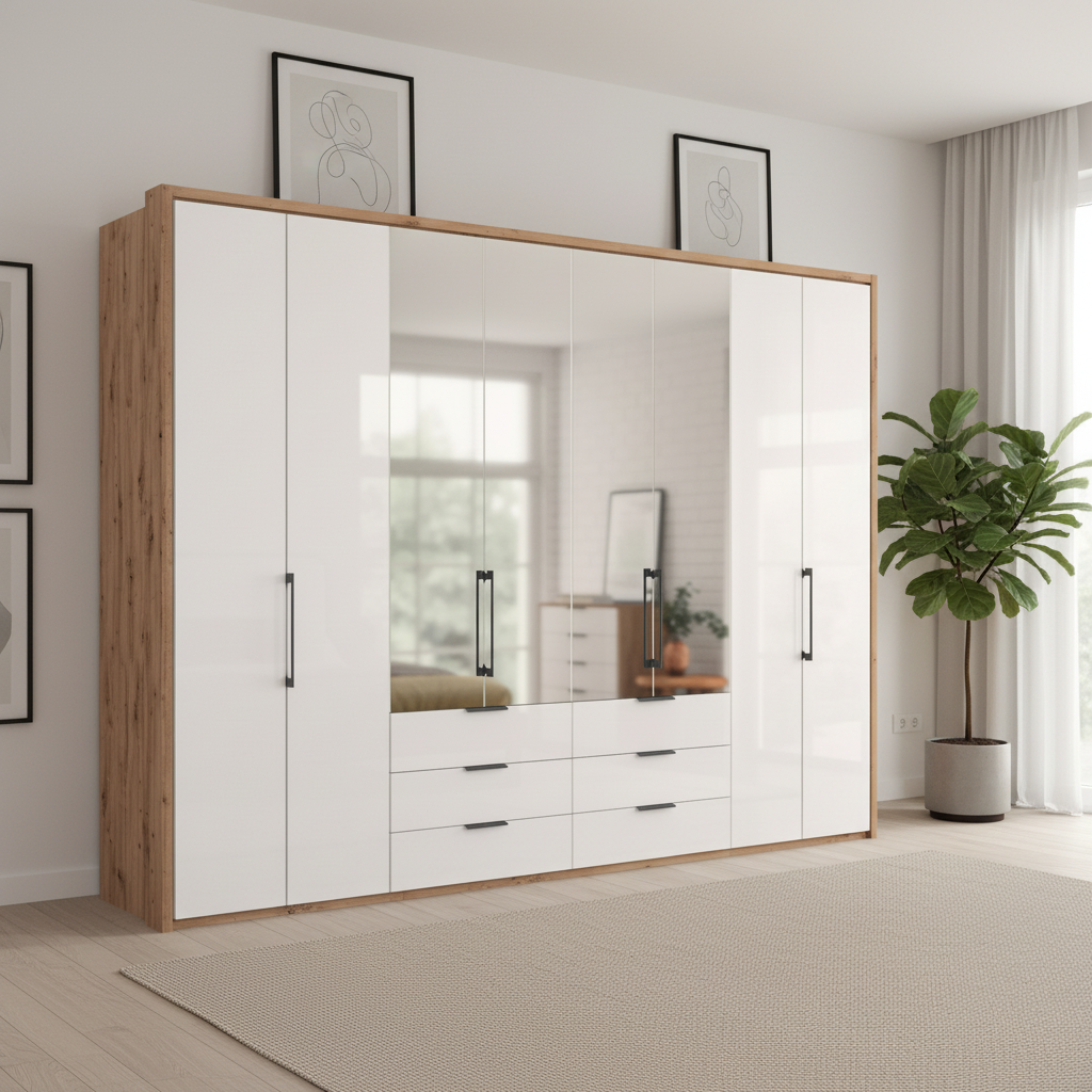 Wiemann Saka 300cm bi-fold wardrobe with 4 glass doors 4 mirrored doors and 6 glass drawers