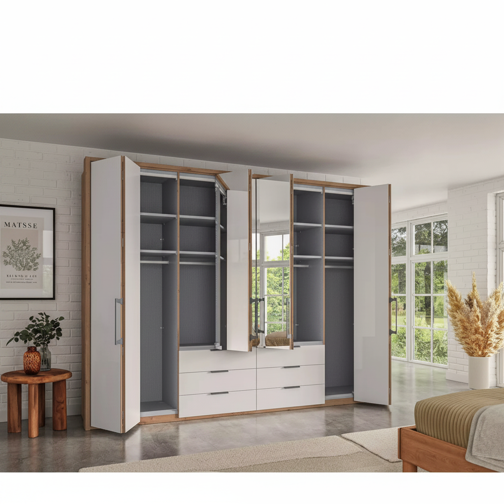 Contemporary bi-fold wardrobe with glass outer doors and mirrored centre panels
