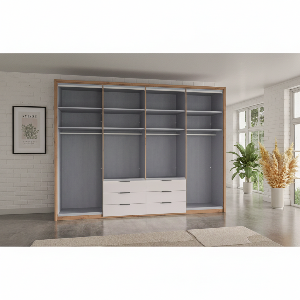 German-made Wiemann Saka wardrobe with adjustable shelves clothes rails and drawer storage