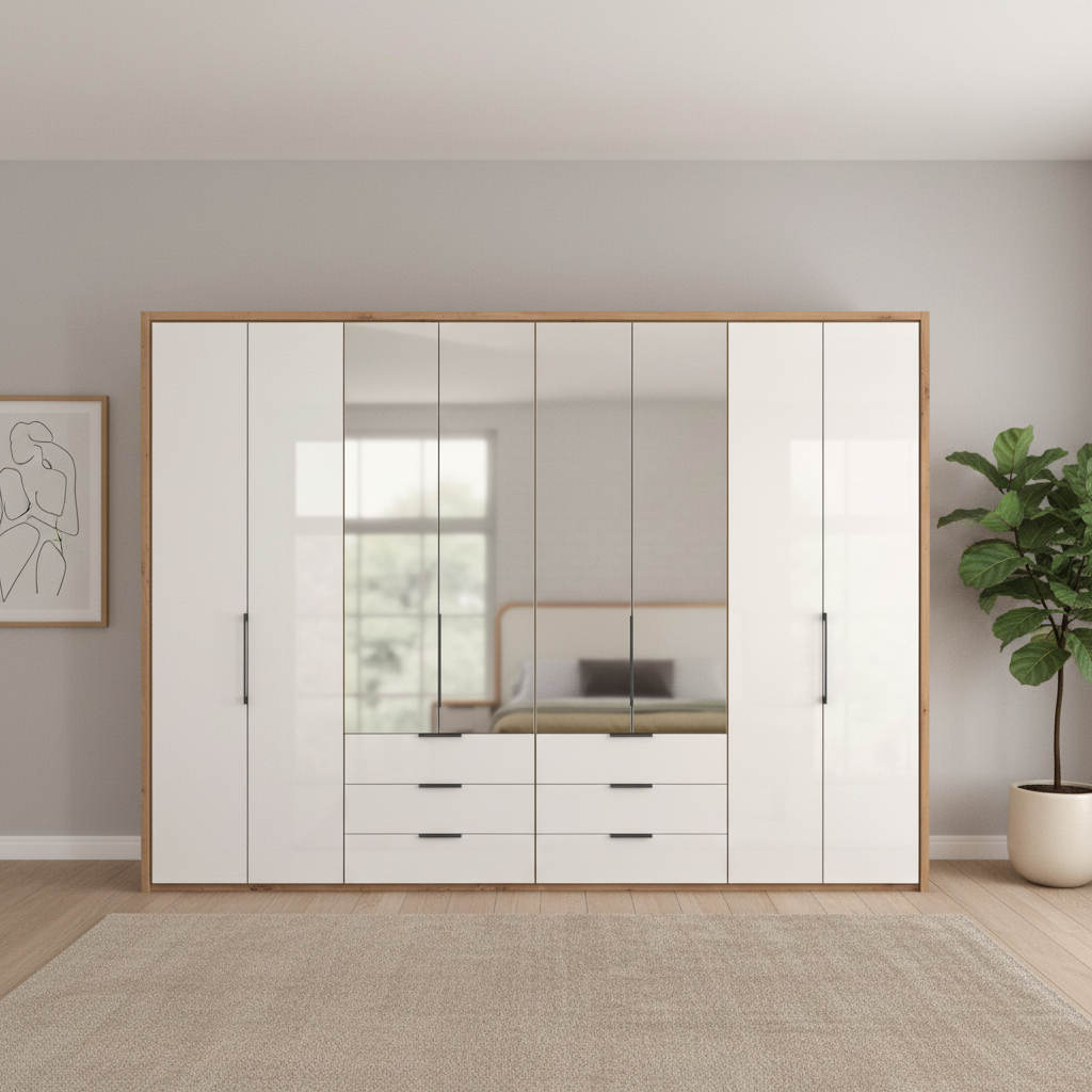 White Oak Wiemann Saka wardrobe with mirrored centre doors and integrated glass drawers