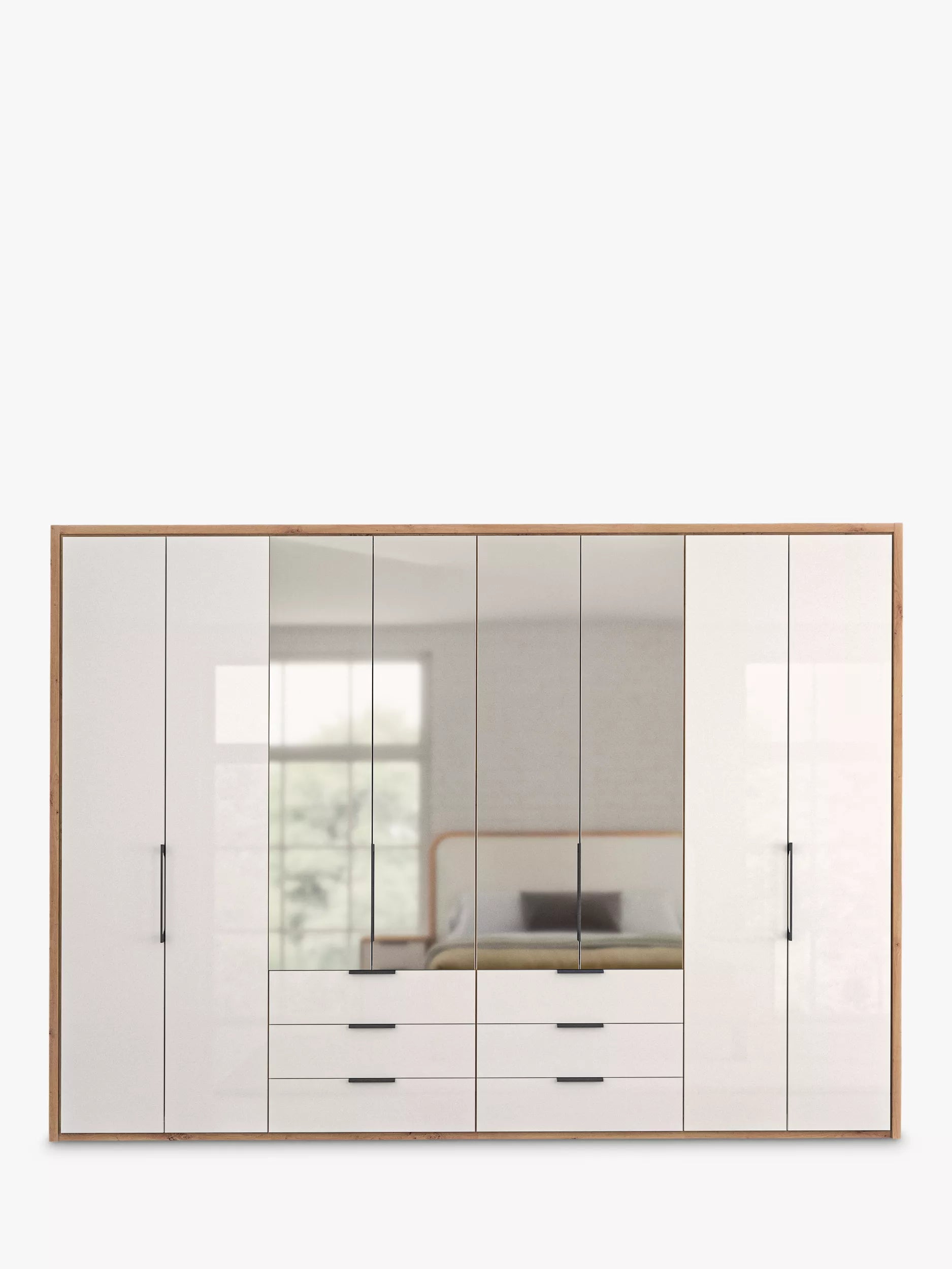 Wiemann Saka 300cm Bi-Fold Wardrobe With 4 Glass Doors & 4 Mirror Doors & 6 Glass Drawers