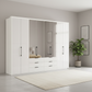 Wiemann Saka 300cm Bi-Fold Wardrobe With 4 Glass Doors & 4 Mirror Doors & 6 Glass Drawers in Glass White styled in a modern bedroom