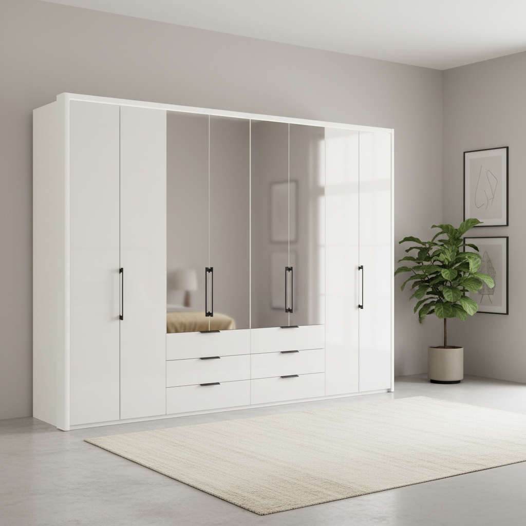 Wiemann Saka 300cm Bi-Fold Wardrobe With 4 Glass Doors & 4 Mirror Doors & 6 Glass Drawers in Glass White styled in a modern bedroom
