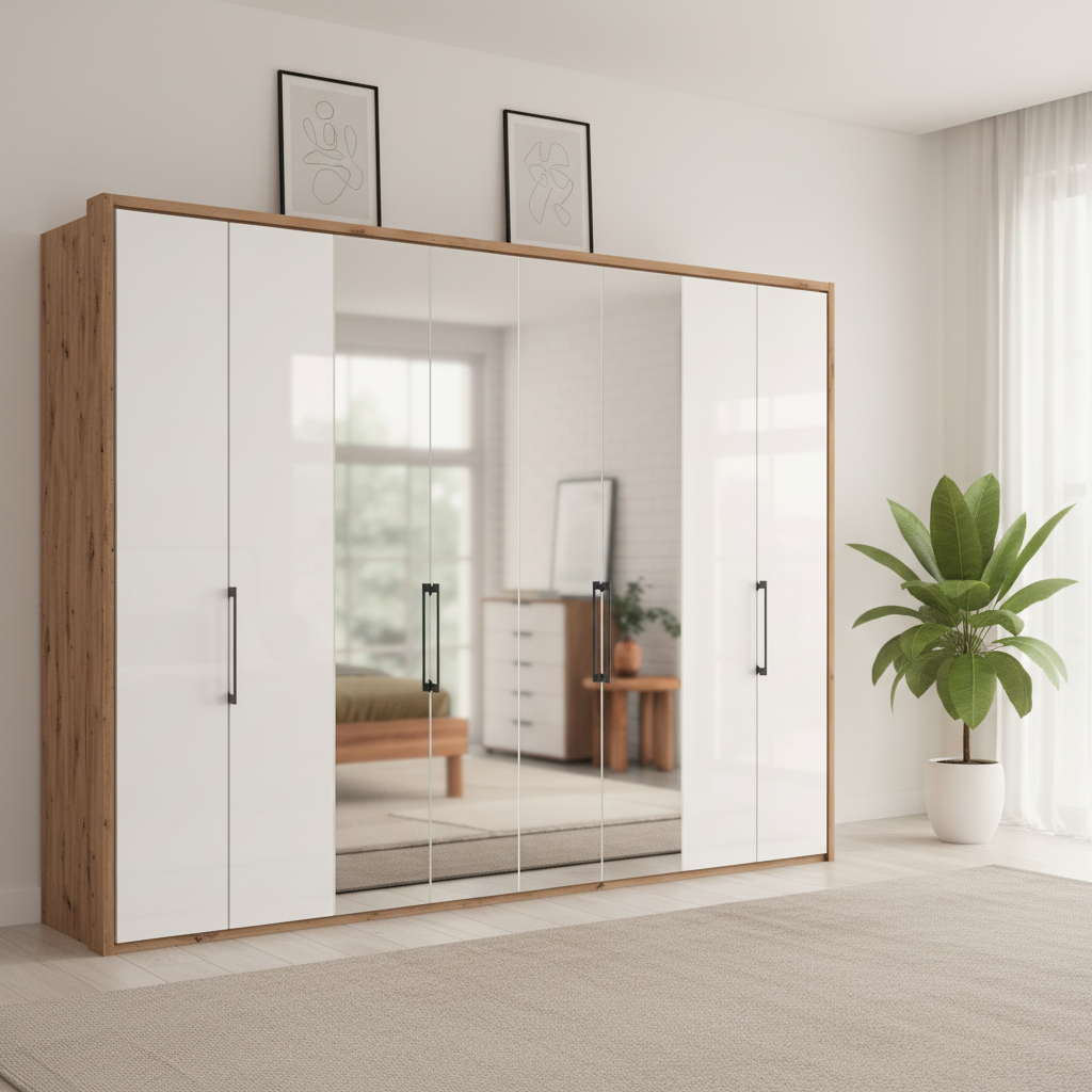 Wiemann Saka 300cm bi-fold wardrobe with 4 glass doors and 4 mirror doors