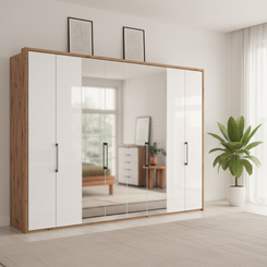 Wiemann Saka 300cm bi-fold wardrobe with 4 glass doors and 4 mirror doors