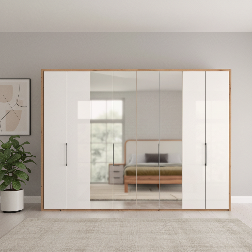 White Oak Wiemann Saka wardrobe with mirrored centre door panels
