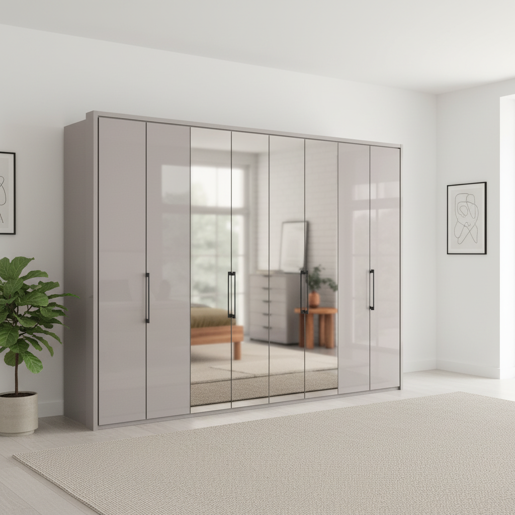 Wiemann Saka 300cm Bi-Fold Wardrobe With 4 Glass Doors & 4 Mirror Doors in Pebble Grey Glass styled in a modern bedroom