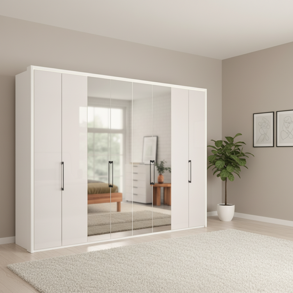 Wiemann Saka 300cm Bi-Fold Wardrobe With 4 Glass Doors & 4 Mirror Doors in White styled in a modern room