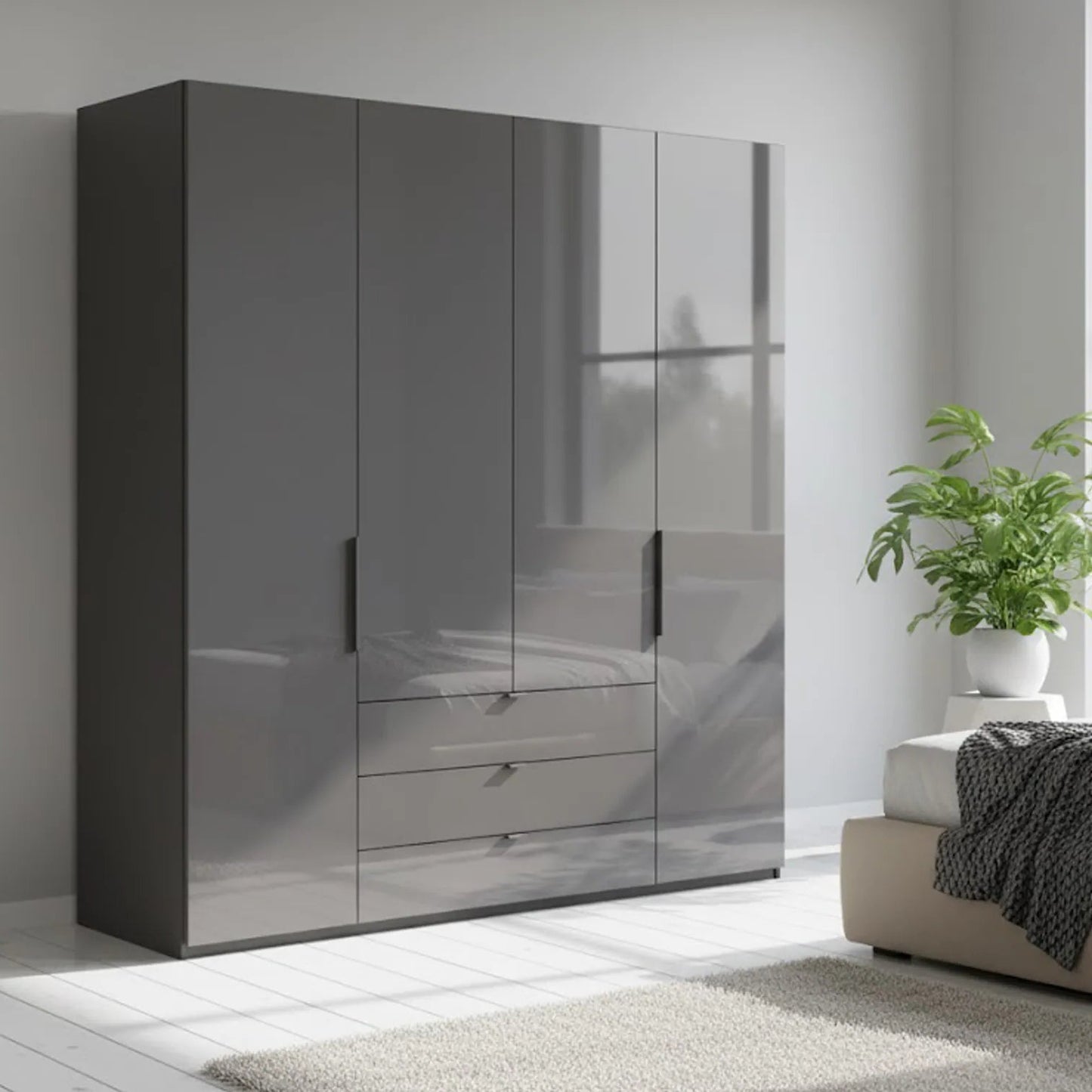 Amara 200cm 4 Door Bifold Combi Wardrobe with Glass Doors and Drawers in Lava - Styled in a Bedroom