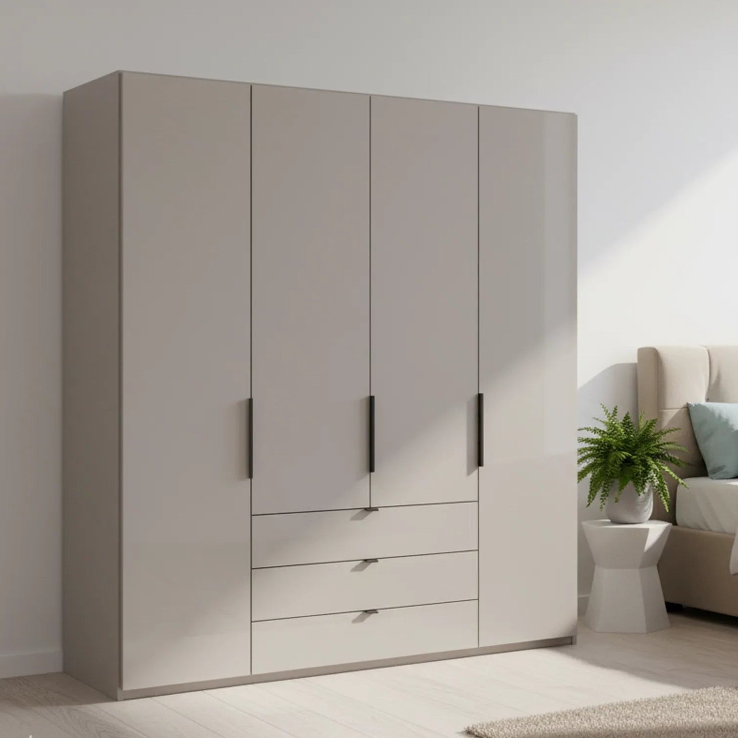 Amelia 200cm 4 Door Combi Wardrobe with Glass Doors and Drawers in Pebble Grey - Styled in a Bedroom