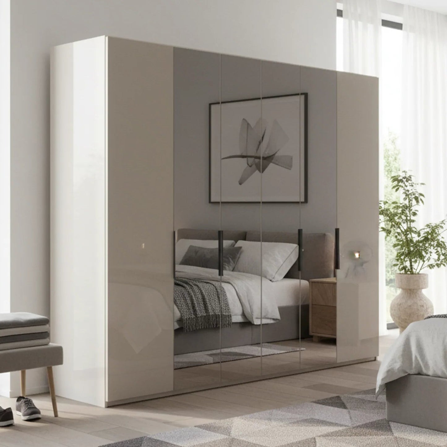 Amara 300cm 6 Door Bifold Wardrobe with 2 Glass Doors and 4 Mirror Doors in Champagne -  Styled in a Bedroom