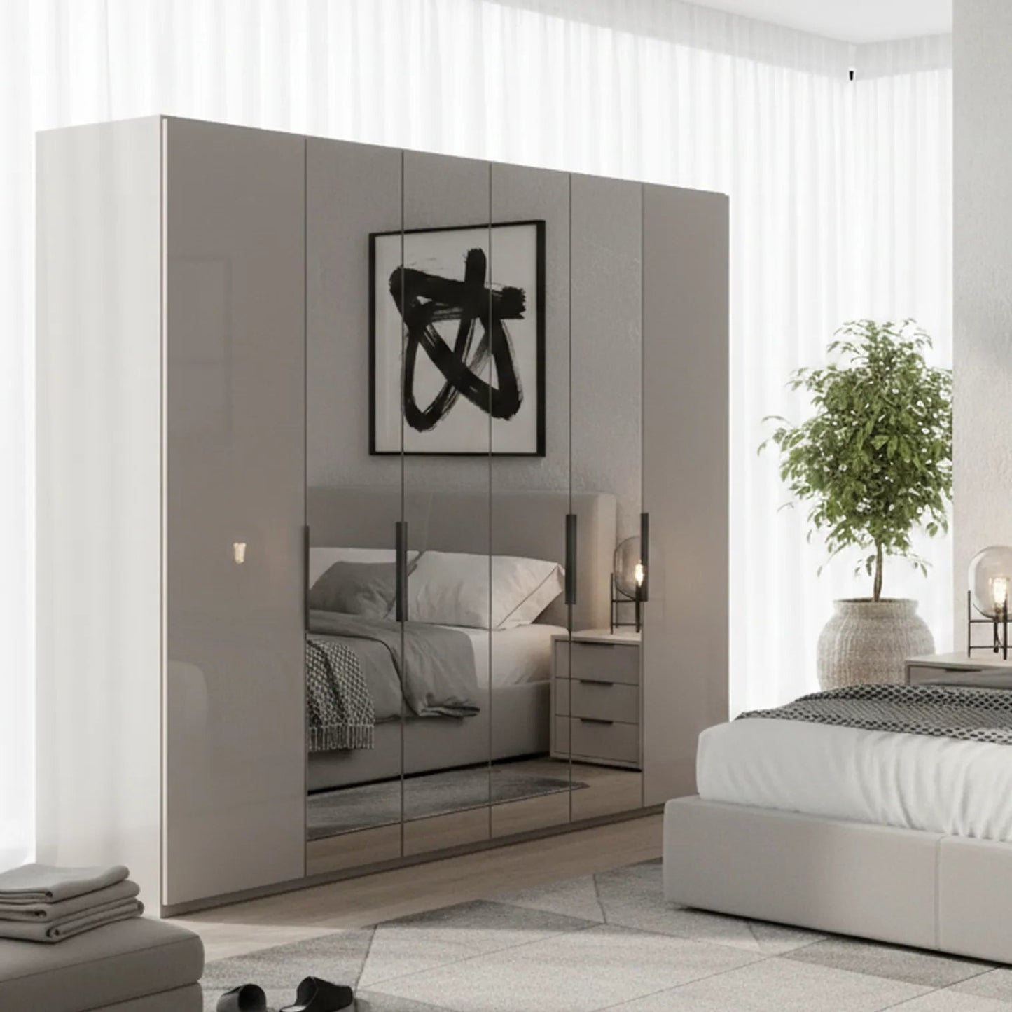 Amara 300cm 6 Door Bifold Wardrobe with 2 Glass Doors and 4 Mirror Doors in Pebble Grey - Styled in a Bedroom