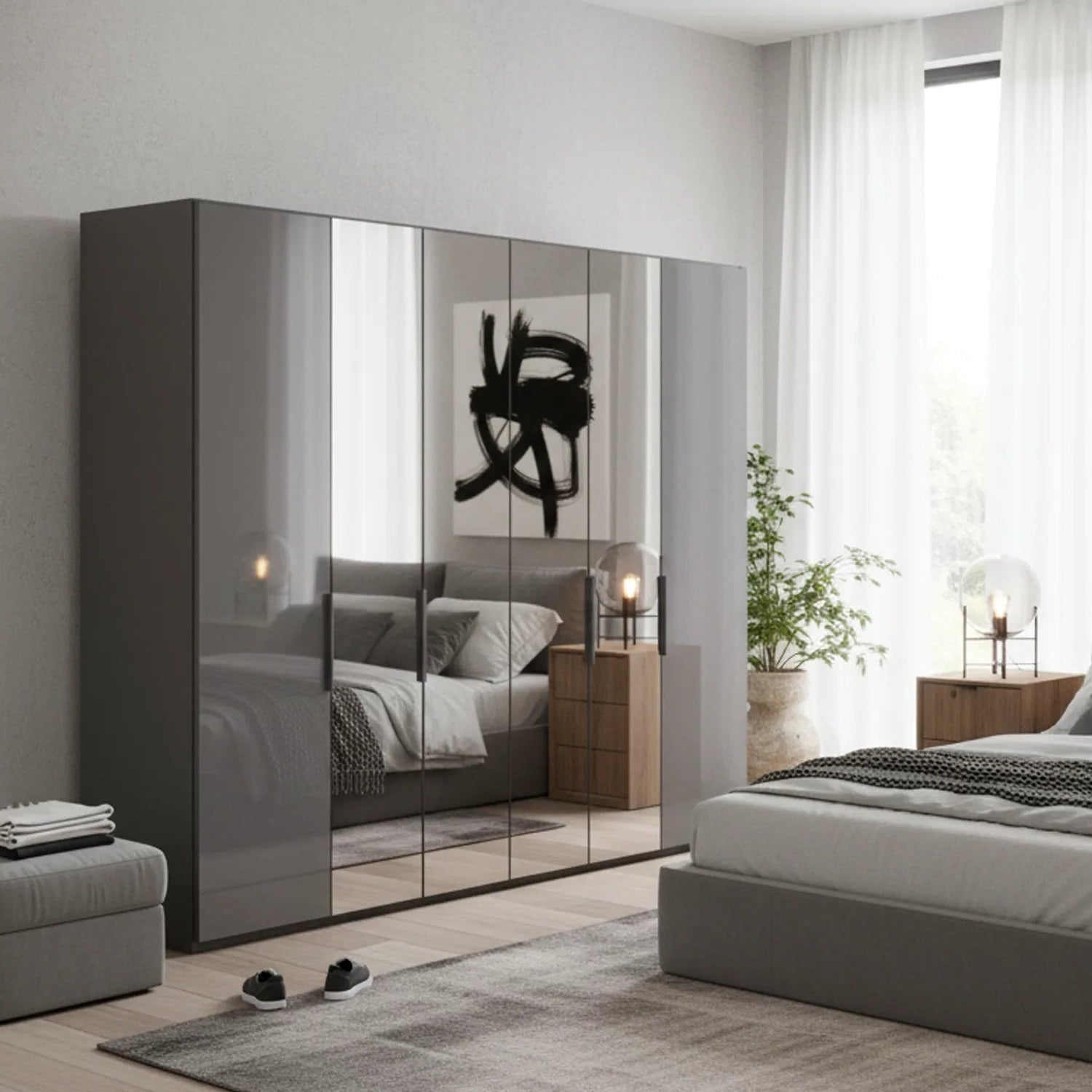 Amelia 300cm 6 Door Hinged Wardrobe with 2 Glass Doors and 4 Mirror Doors in Lava - Styled in a Bedroom
