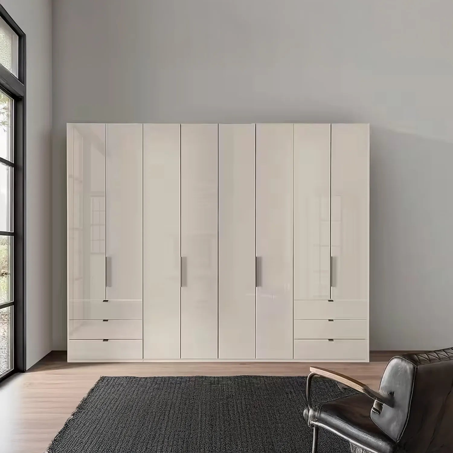 Amelia Folding 8 Doors Wardrobe With Drawers 300 cm in Pebble Grey - Styled in a Bedroom