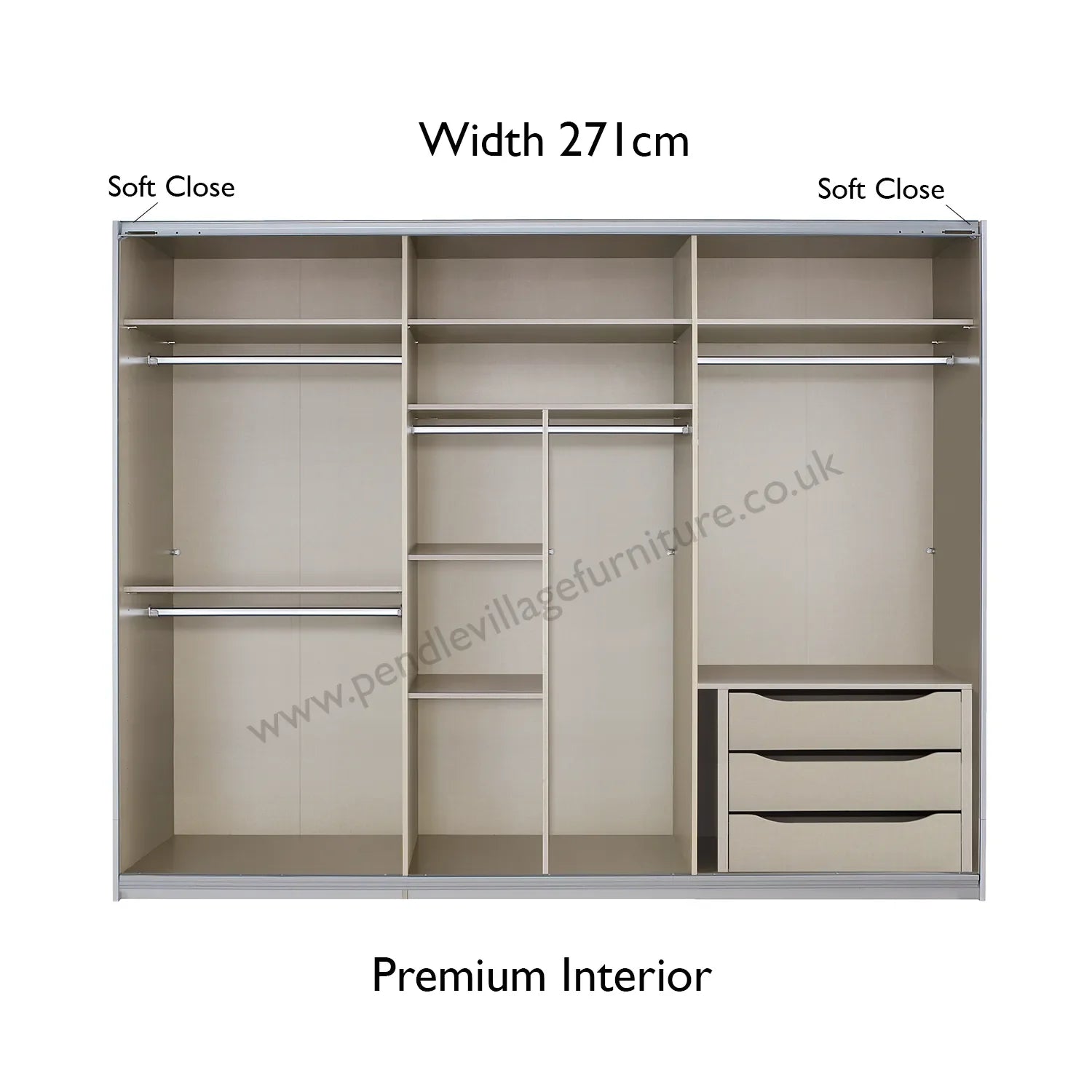 Rauch Mosbach White Glass Large 3 Door Sliding Wardrobe -W271cm - Premium Interior view