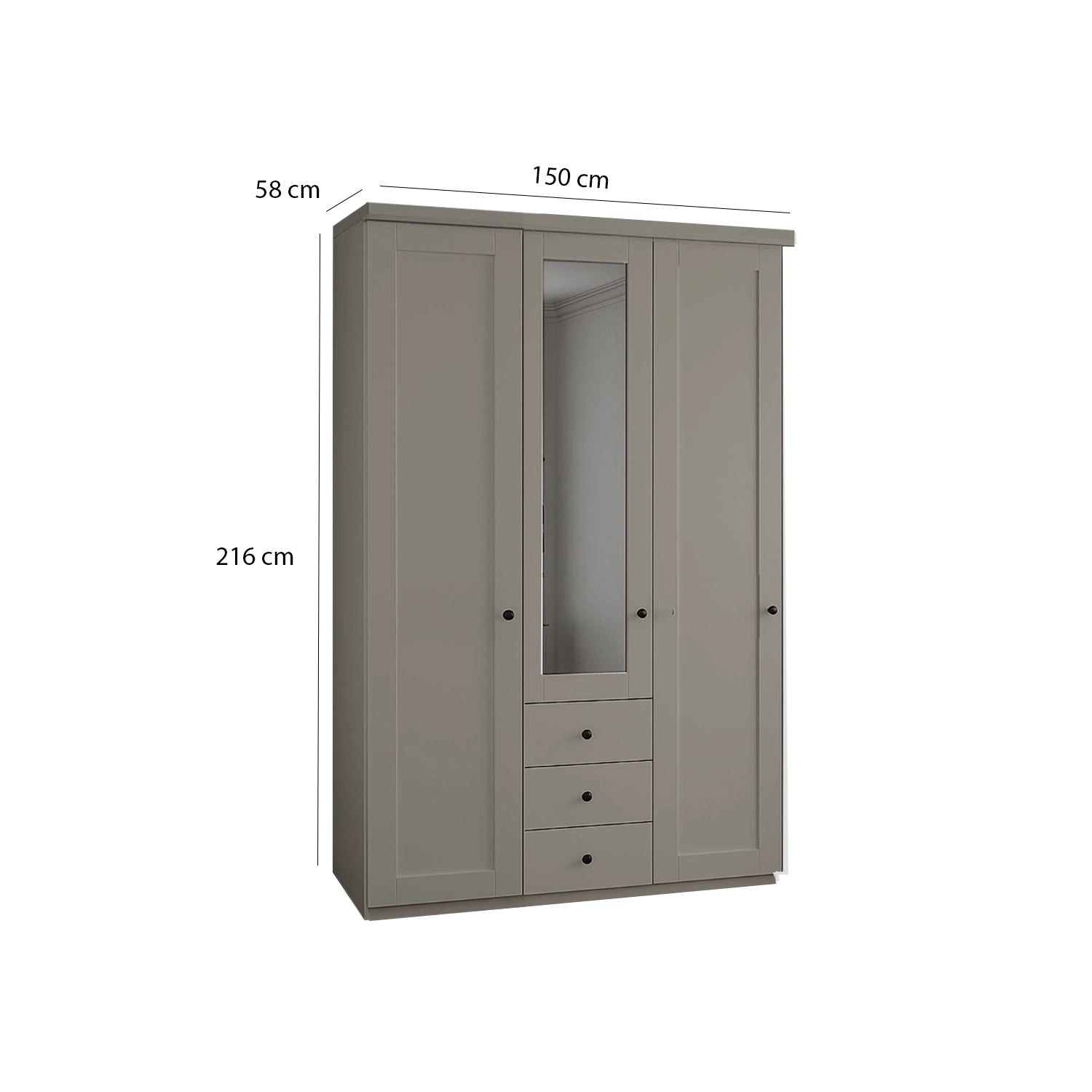 Wiemann Adeline 3 Door 3 Drawer Wardrobe - W150cm With Mirror in Pebble Grey - Dimensions