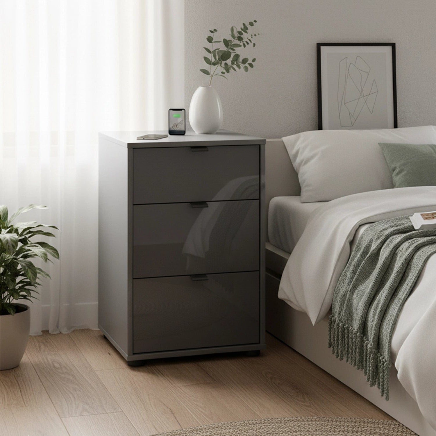 Amelia 3 Drawer Glass Bedside Cabinet - Lava Styled in a Bedroom