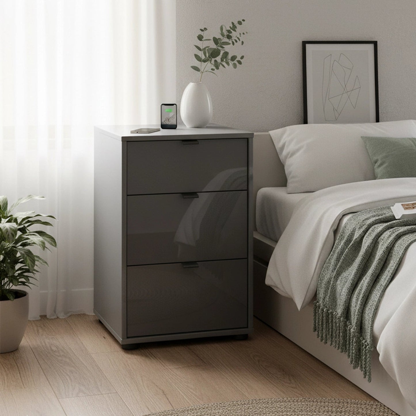 Amelia 3 Drawer Glass Bedside Cabinet - Lava Styled in a Bedroom