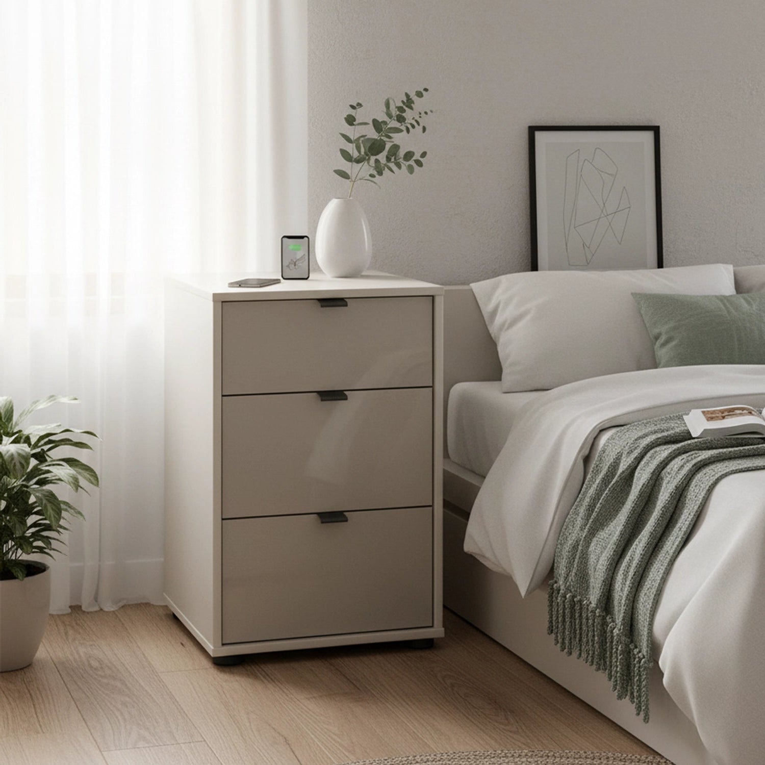 Amelia 3 Drawer Glass Bedside Cabinet - Champagne Styled in a Bedroom