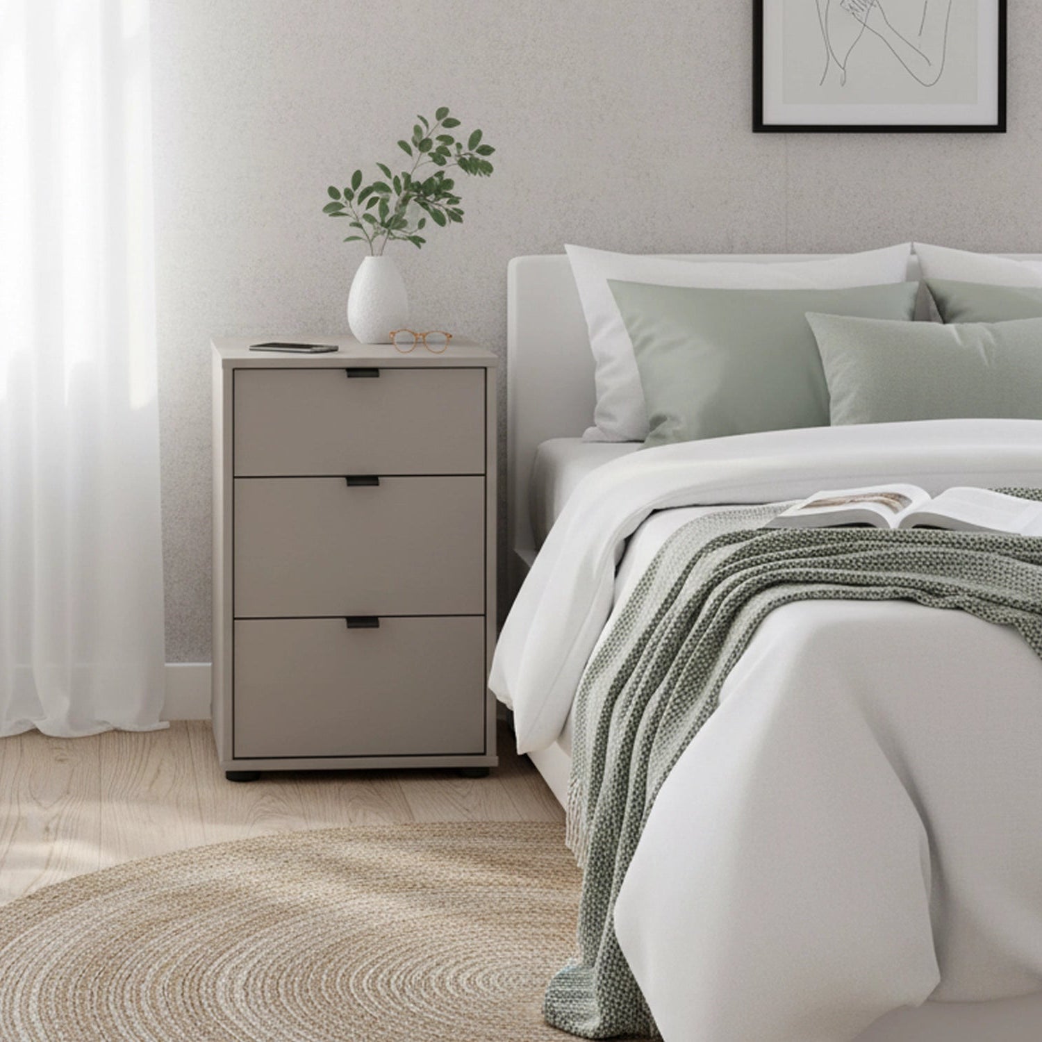 Amelia 3 Drawer Glass Bedside Cabinet - Pebble Grey Styled in a Bedroom