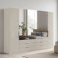 Amelia 250cm 6 Door Bifold Combi Wardrobe with 4 Mirror Doors, 2 Glass Doors and 6 Glass Drawers - Champagne Styled in a Bedroom