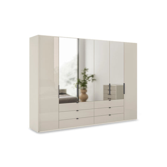 Amara 250cm 6 Door Hinged Wardrobe with 2 Glass Doors and 4 Mirror Doors in Champagne