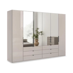 Amara 300cm 6 Door Combi Wardrobe with 4 Mirror Doors, 2 Glass Doors and 6 Glass Drawers - Pebble Grey