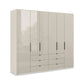 Amara 300cm 6 Door Bifold Combi Wardrobe with Glass Doors and Drawers - Champagne