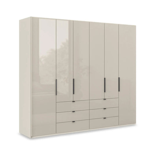Amara 250cm 6 Door Bifold Combi Wardrobe with Glass Doors and Drawers - Champagne